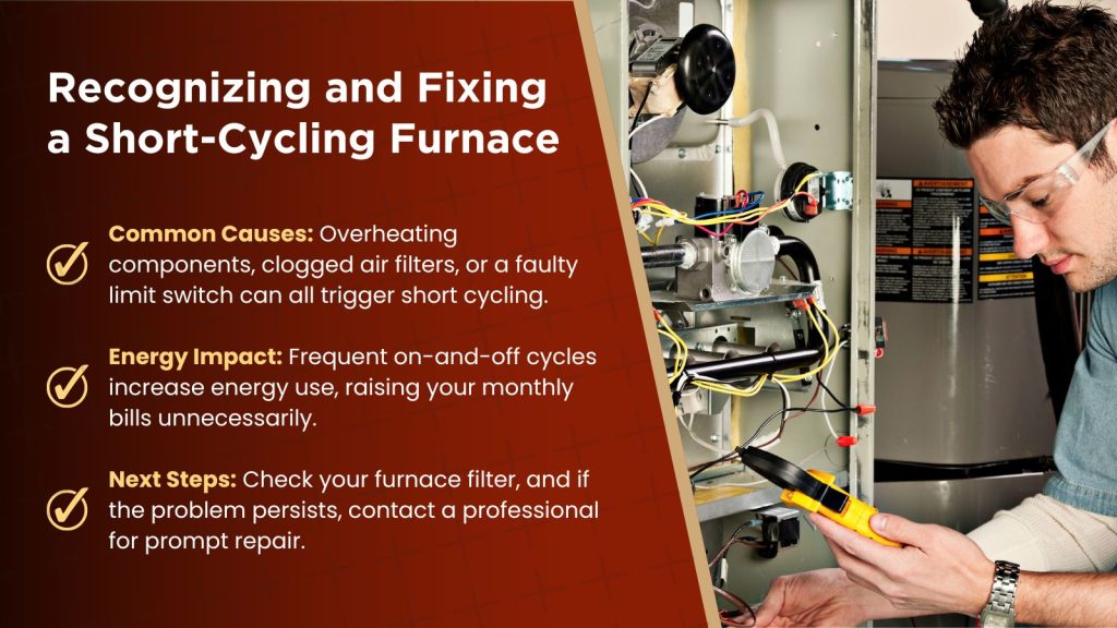 This is an image of an HVAC technician testing a short-cycling furnace. The headline reads; Recognizing and fixing a short-cycling furnace.