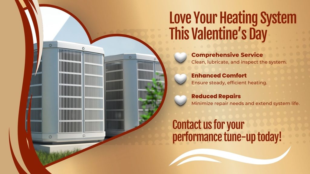 This is an image of two heat pumps in a heart frame. The headline reads; Love your heating system this valentine's day.