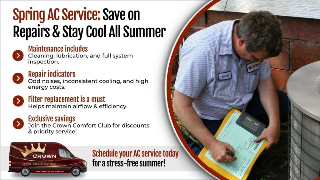 This is an image of an HVAC technician working on an AC unit. The headline reads spring AC service: save on repairs and stay cool all summer.